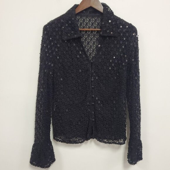Unbranded Womens Open Knit Fairy Grunge Sequin Button Front Top Size M Event - Picture 1 of 10